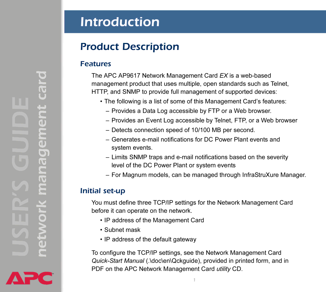 APC AP9617 manual Introduction, Product Description, Features, Initial set-up 