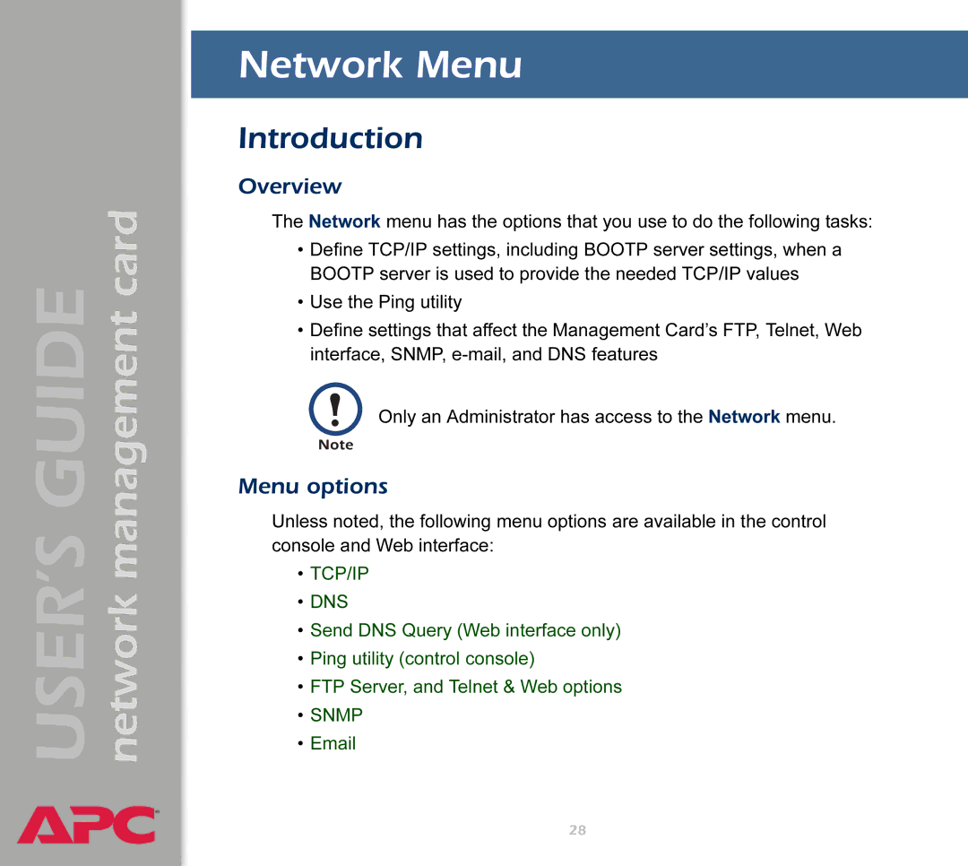 APC AP9617 manual Network Menu, Menu options 