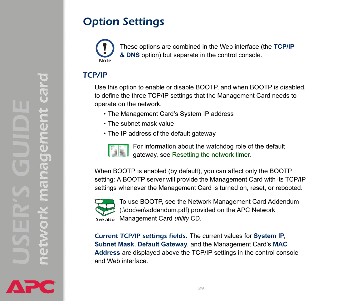 APC AP9617 manual Option Settings, Tcp/Ip 