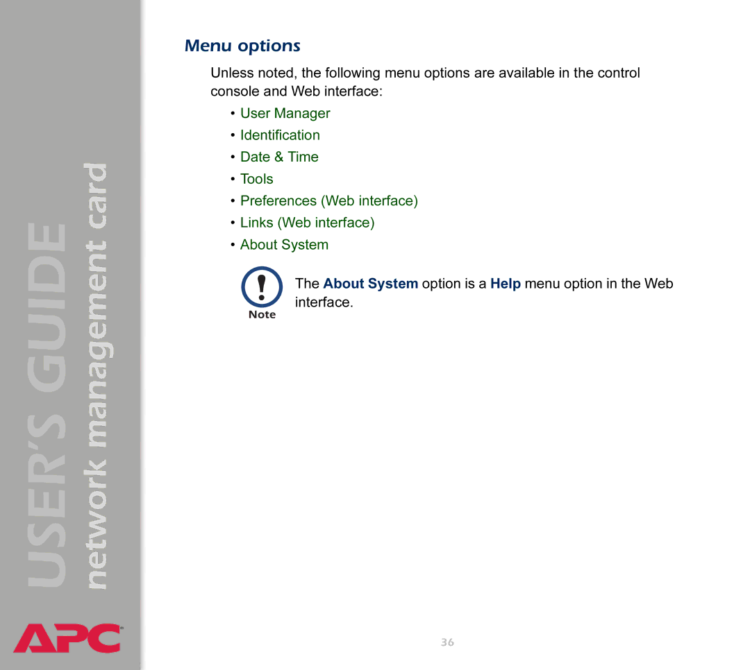 APC AP9617 manual Menu options 