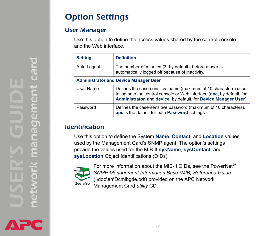 APC AP9617 manual User Manager, Identification, Administrator and Device Manager User 