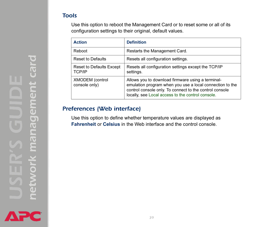 APC AP9617 manual Tools, Preferences Web interface, Action Definition 