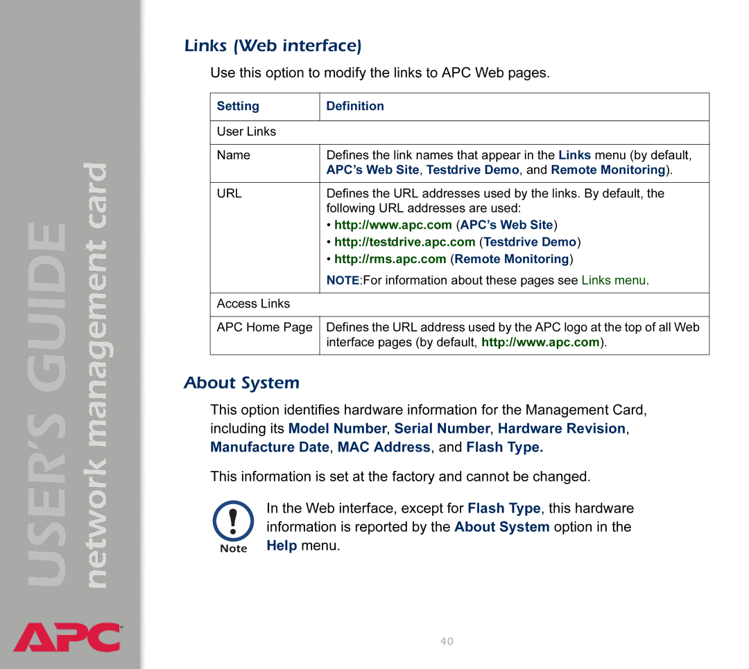 APC AP9617 manual Links Web interface, About System, APC’s Web Site , Testdrive Demo , and Remote Monitoring 