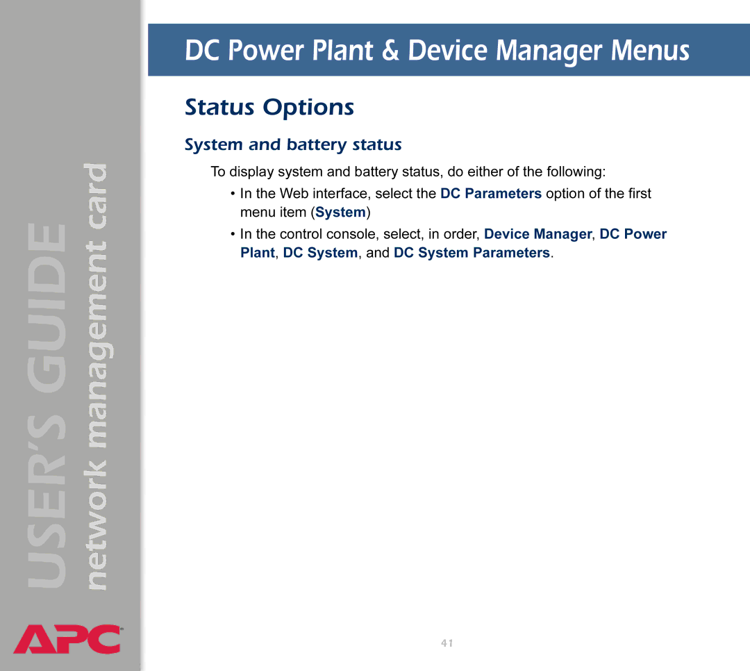 APC AP9617 manual Status Options, System and battery status 