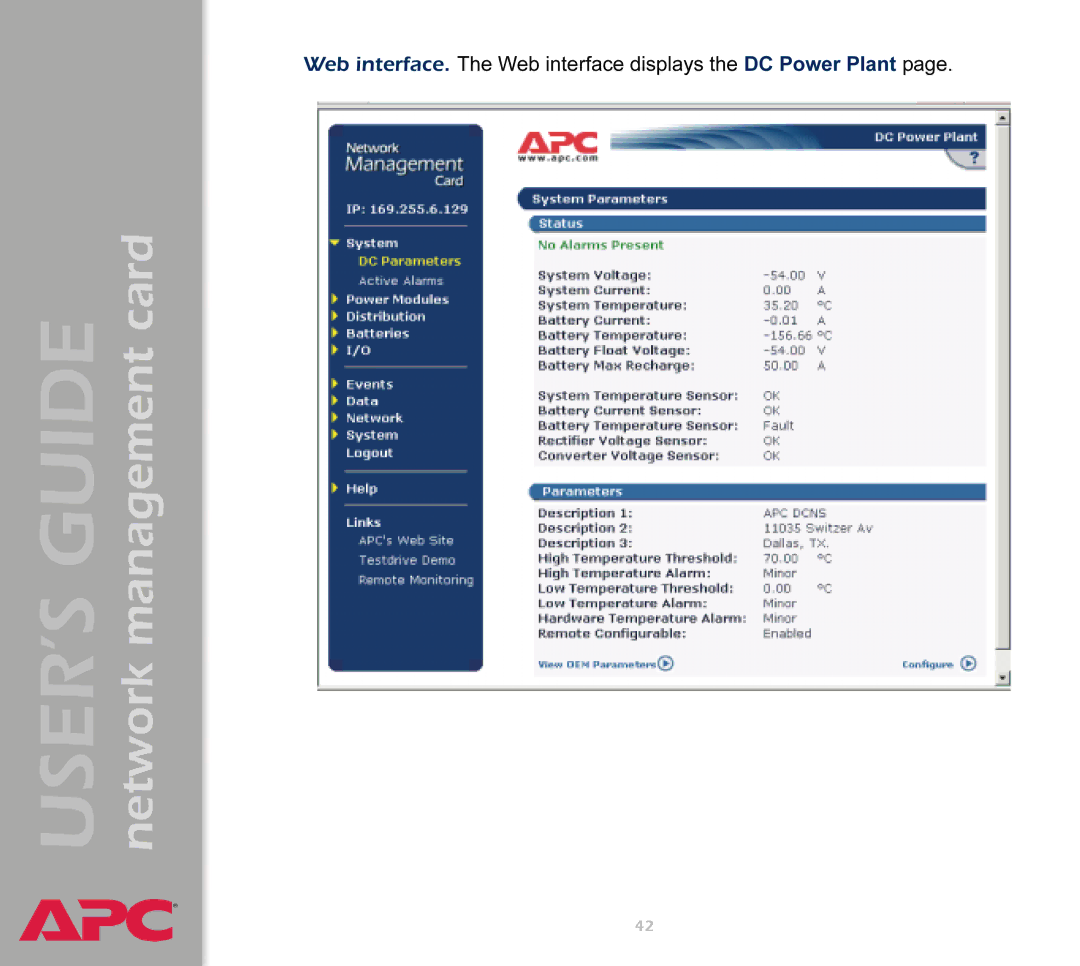 APC AP9617 manual Web interface. The Web interface displays the DC Power Plant 