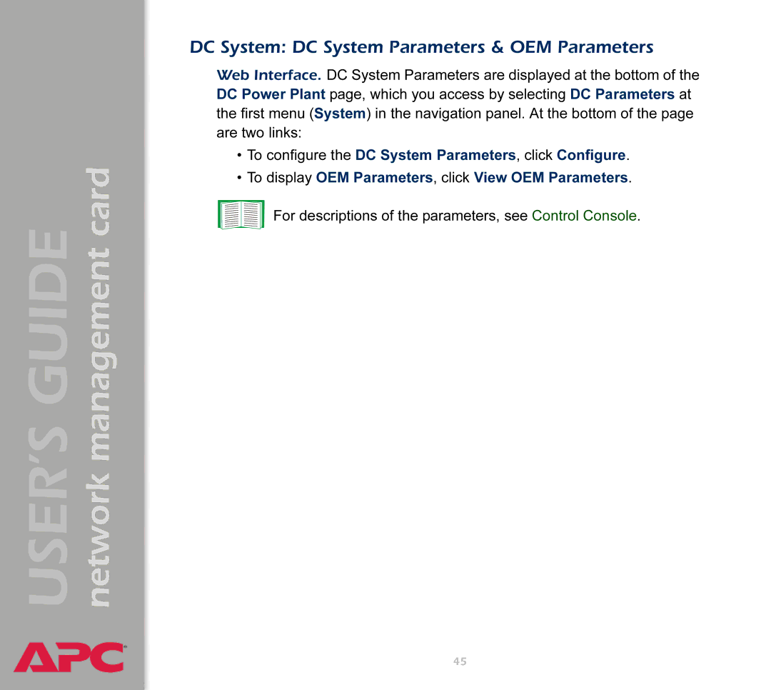 APC AP9617 manual DC System DC System Parameters & OEM Parameters 