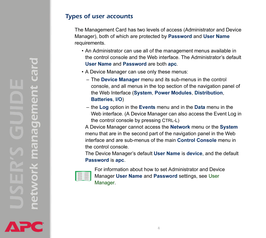 APC AP9617 manual Types of user accounts 