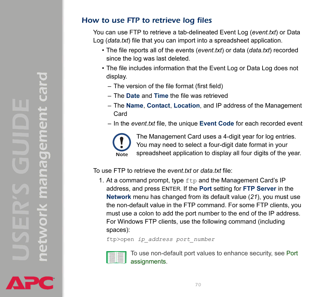 APC AP9617 manual How to use FTP to retrieve log files 