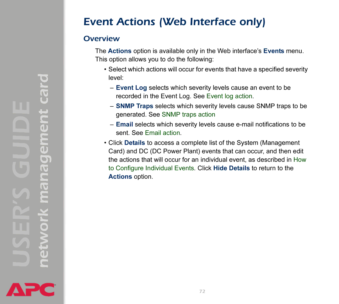 APC AP9617 manual Event Actions Web Interface only, Overview 