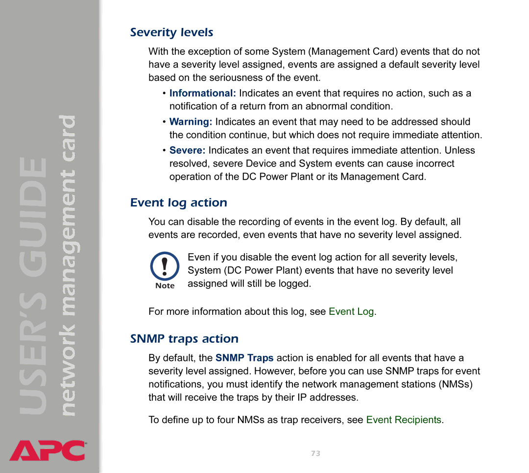 APC AP9617 manual Severity levels, Event log action, Snmp traps action 