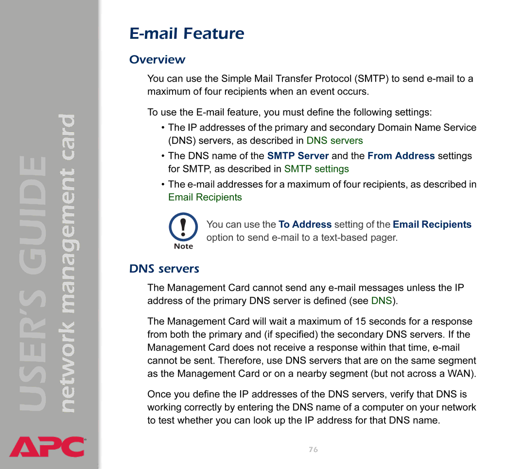 APC AP9617 manual Mail Feature, DNS servers 