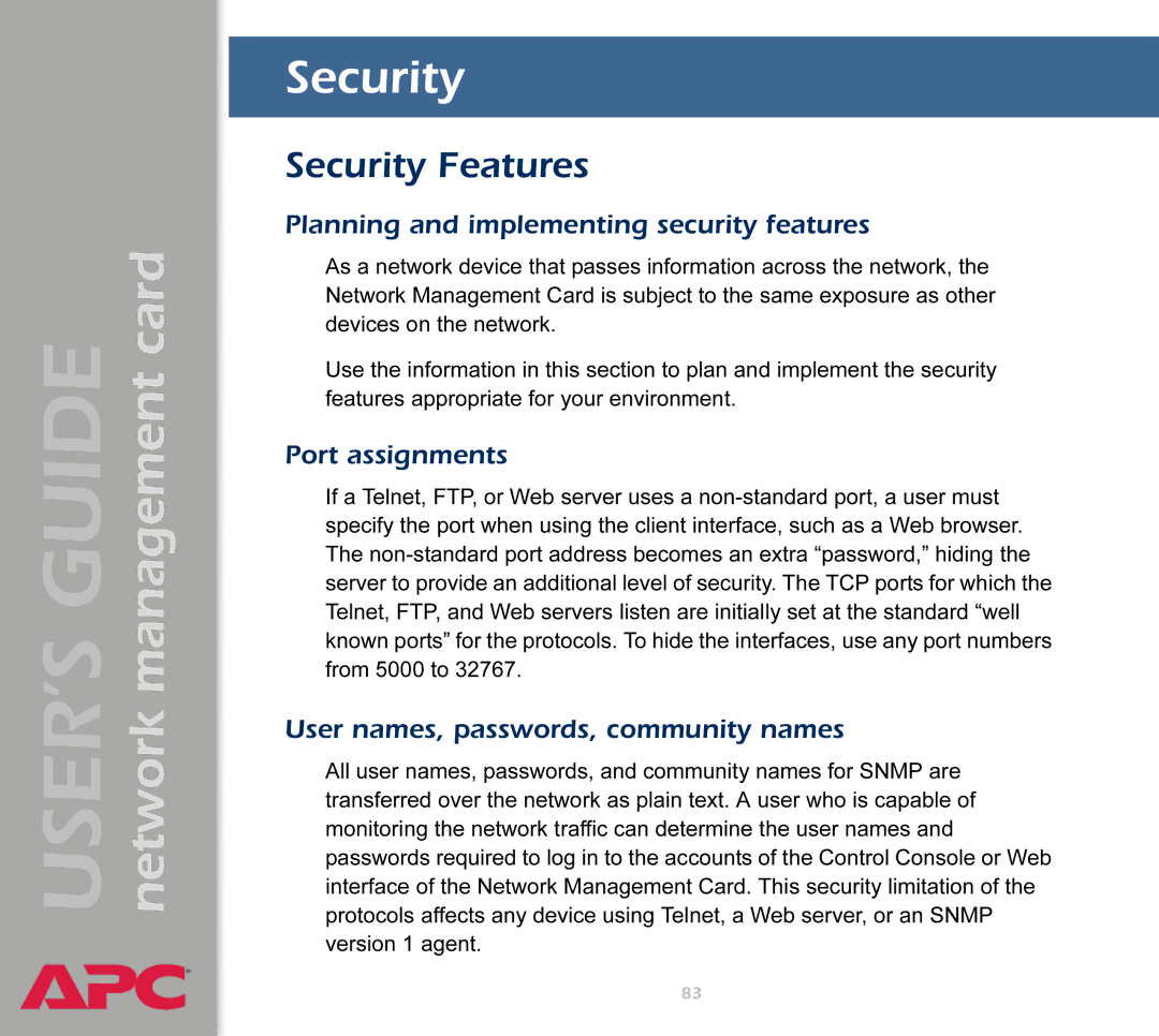 APC AP9617 manual Security Features, Planning and implementing security features, Port assignments 