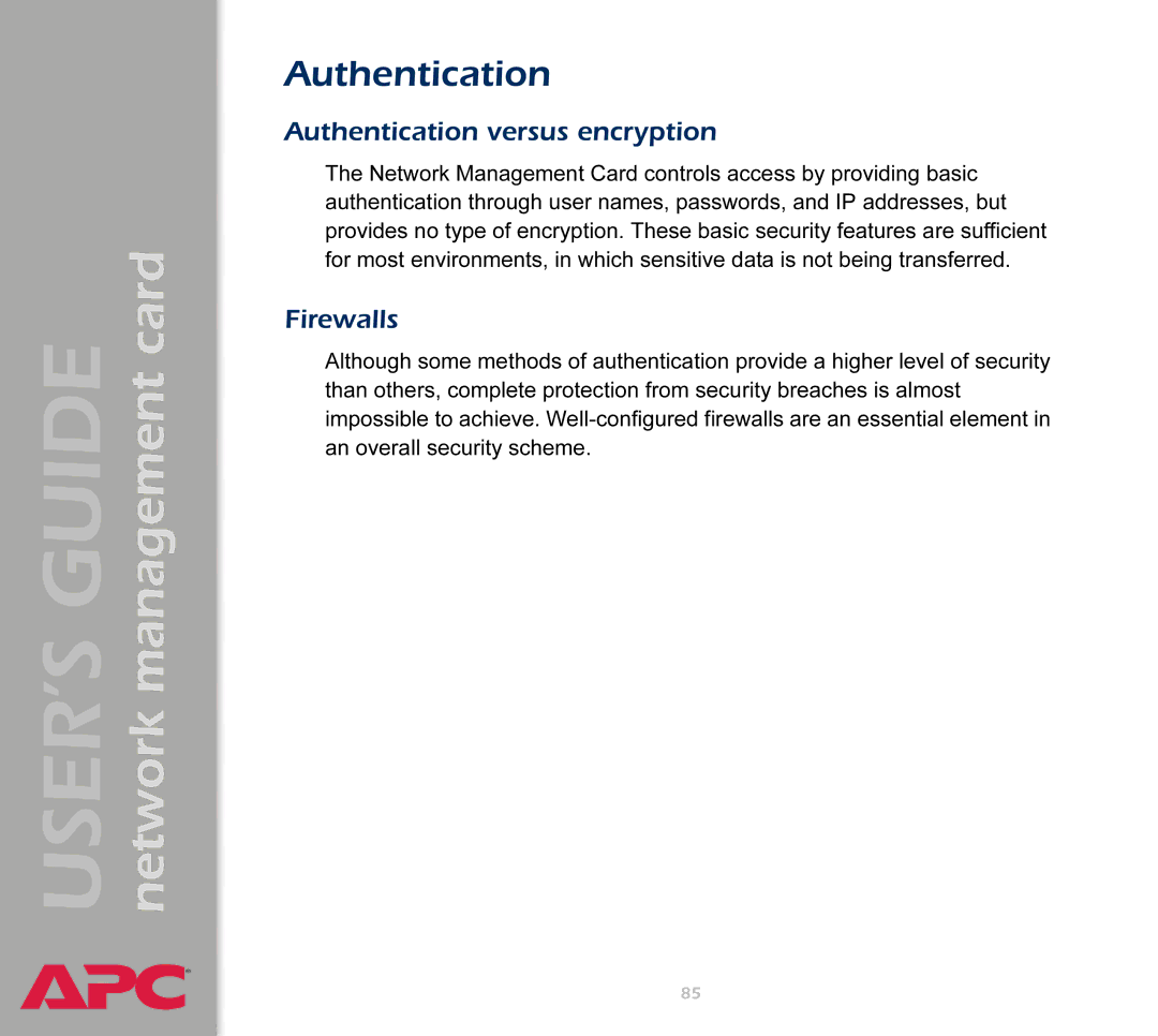 APC AP9617 manual Authentication versus encryption, Firewalls 