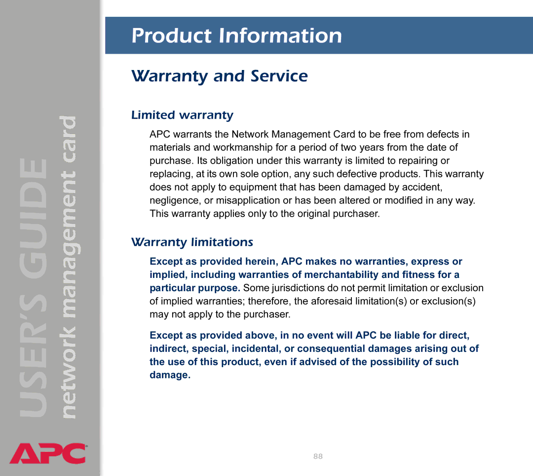 APC AP9617 manual Product Information, Warranty and Service, Limited warranty, Warranty limitations 