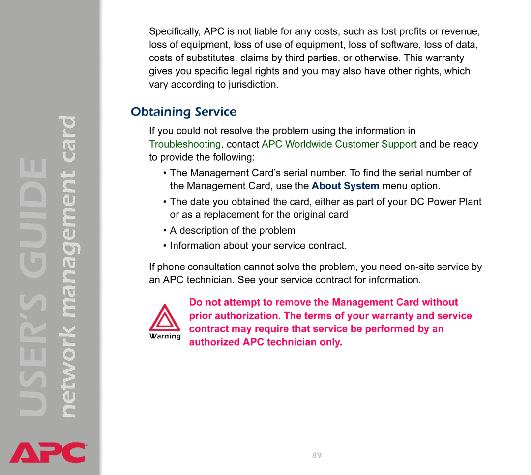 APC AP9617 manual Obtaining Service 