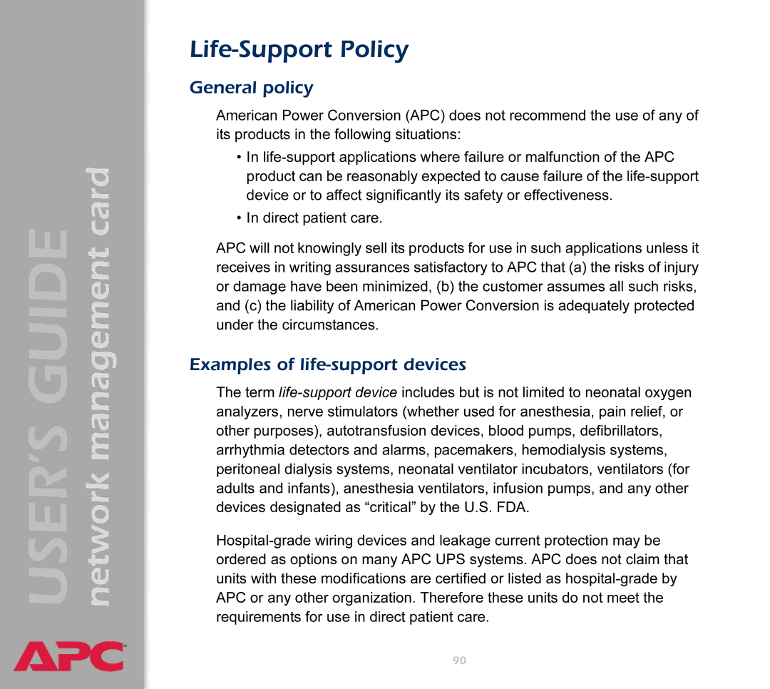 APC AP9617 manual Life-Support Policy, General policy, Examples of life-support devices 