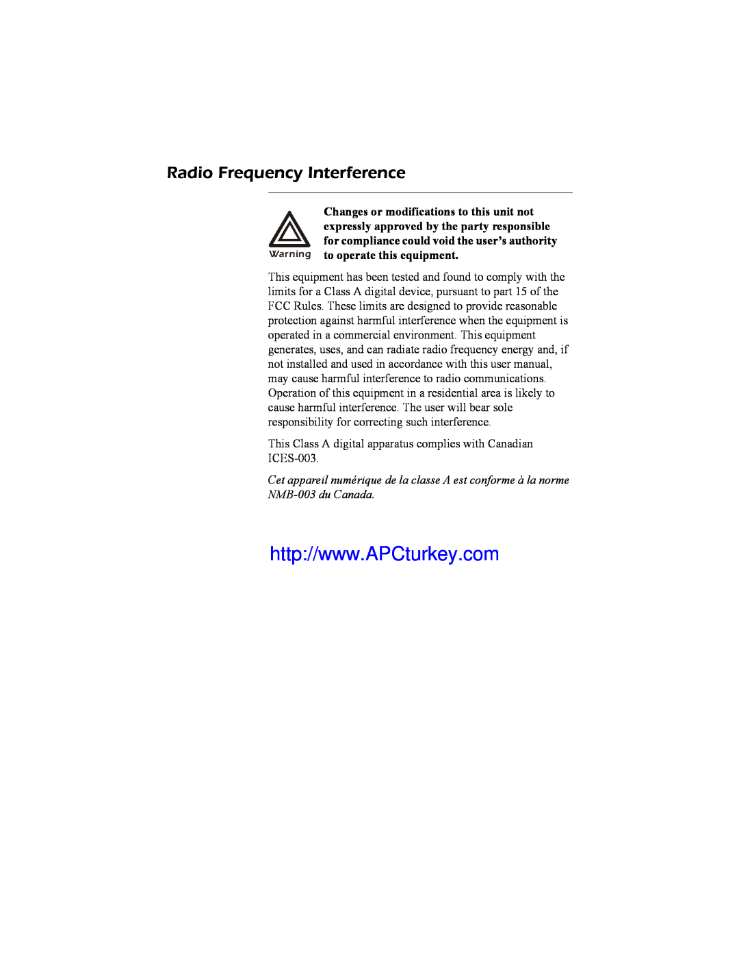 APC AP9617 quick start manual Radio Frequency Interference, Warning to operate this equipment, NMB-003 du Canada 