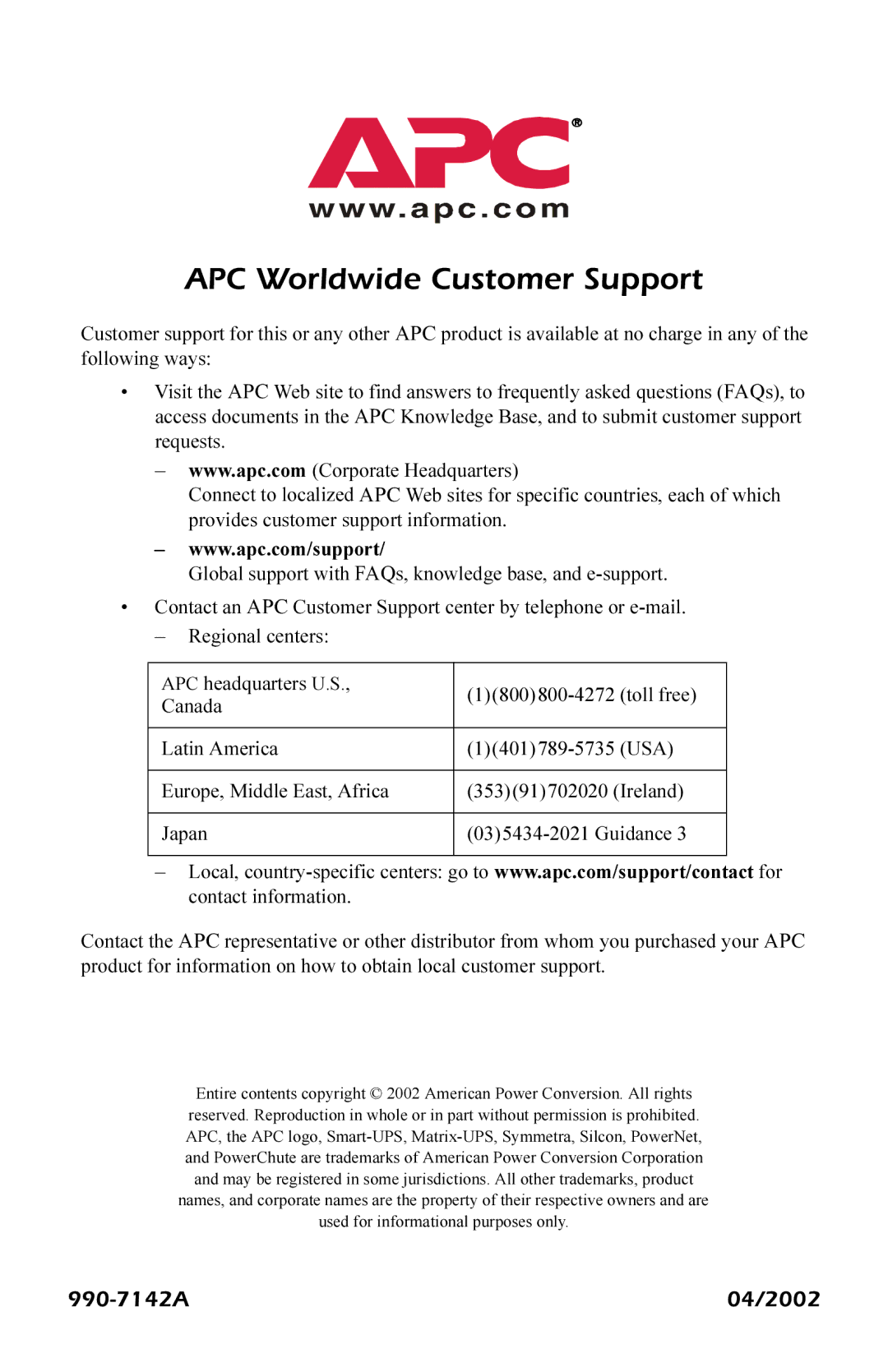 APC AP9619, AP9618 quick start manual APC Worldwide Customer Support, 990-7142A 04/2002 