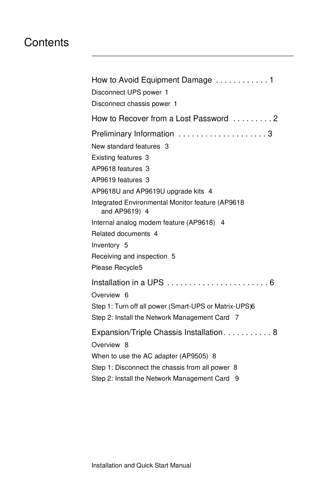 APC AP9618, AP9619 quick start manual Contents 