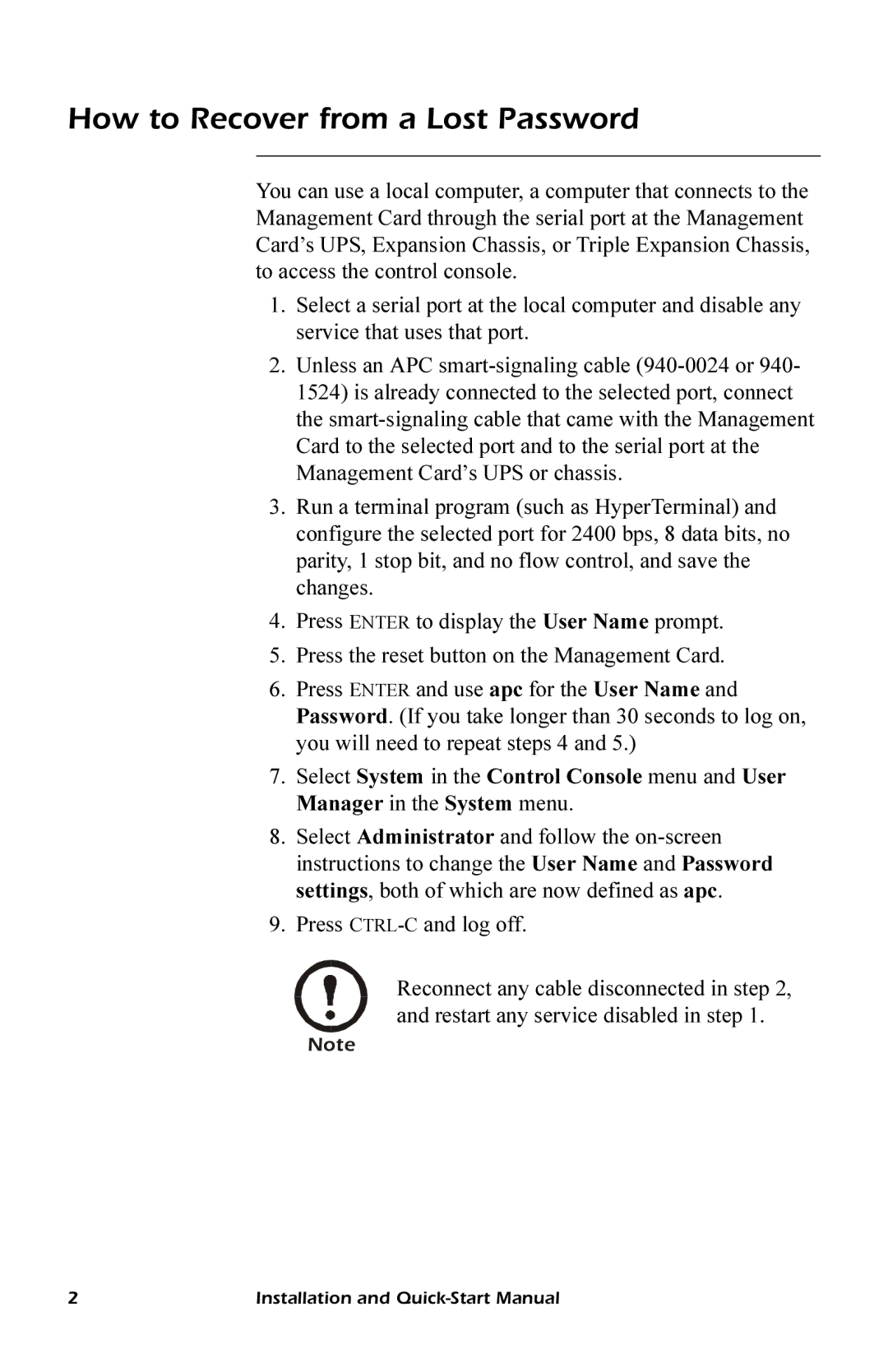 APC AP9619, AP9618 quick start manual How to Recover from a Lost Password 