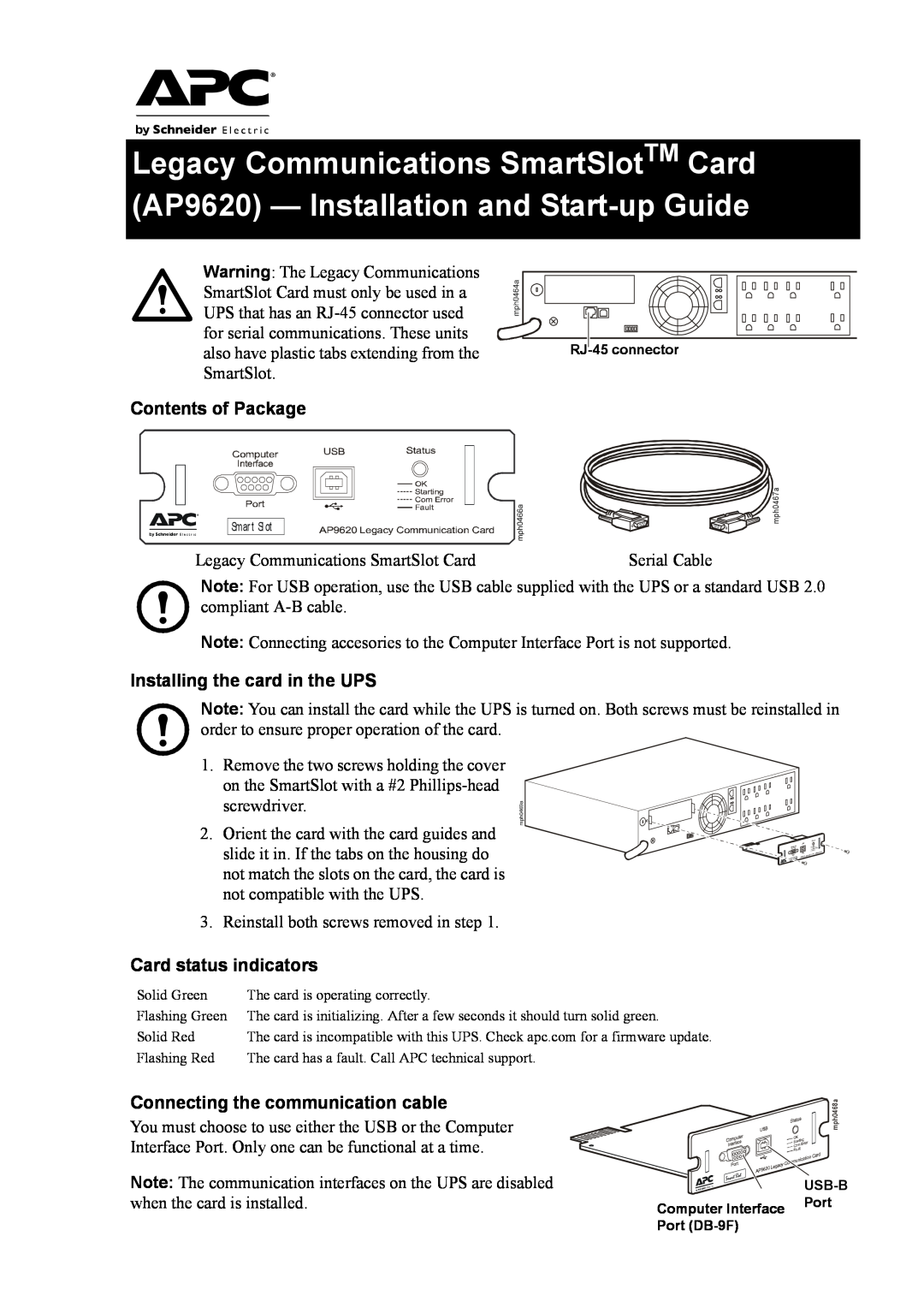 APC AP9620 manual Contents of Package, Installing the card in the UPS, Card status indicators 
