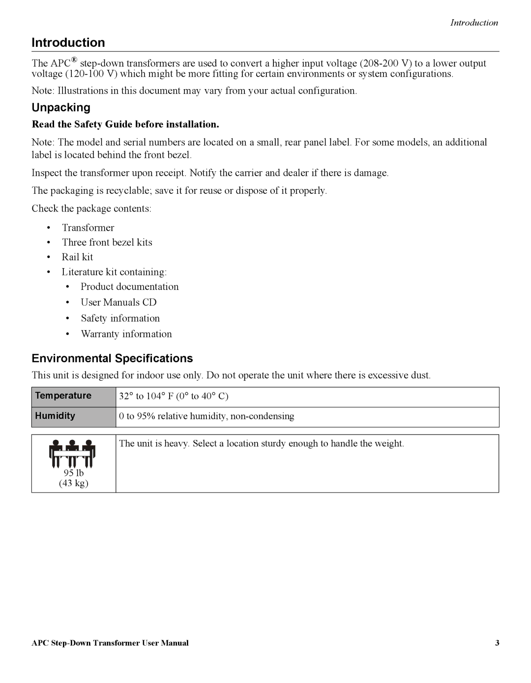 APC AP9626, AP9628, AP9627 user manual Introduction, Unpacking, Environmental Specifications 