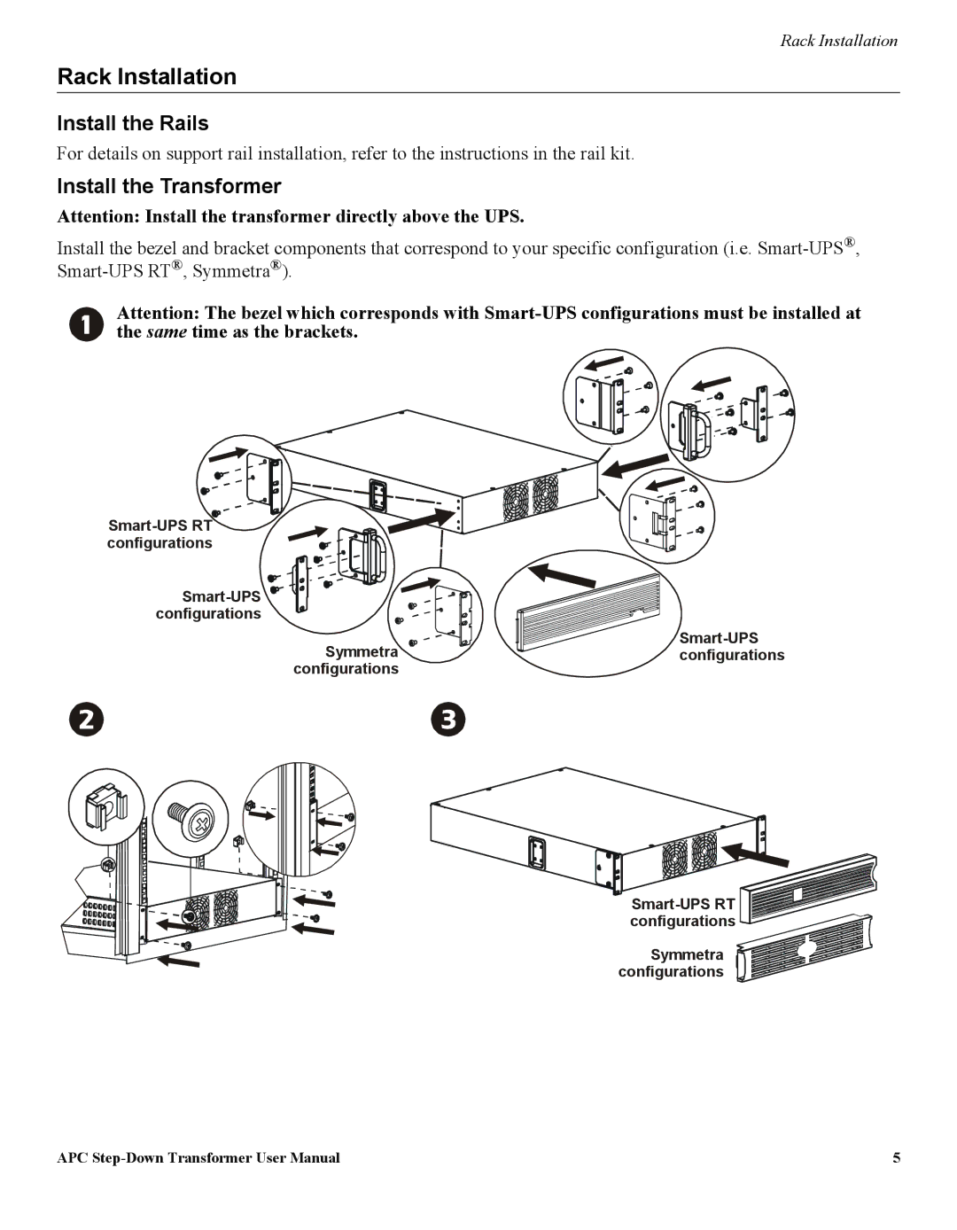 APC AP9627, AP9626, AP9628 user manual Rack Installation, Install the Rails, Install the Transformer 