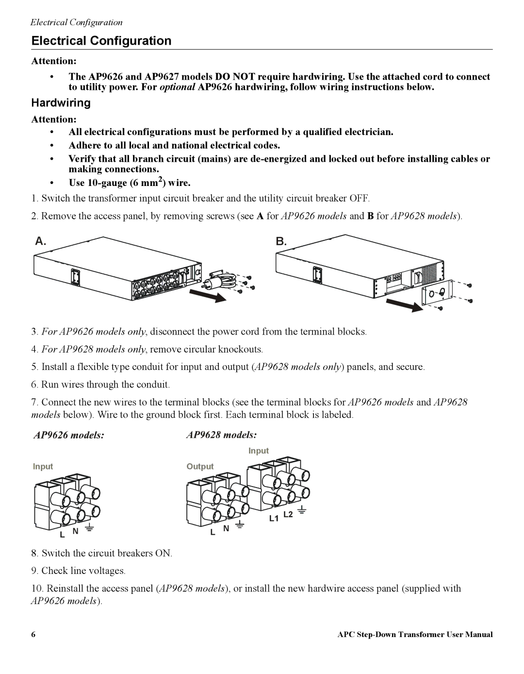 APC AP9626, AP9628, AP9627 user manual Electrical Configuration, Hardwiring 