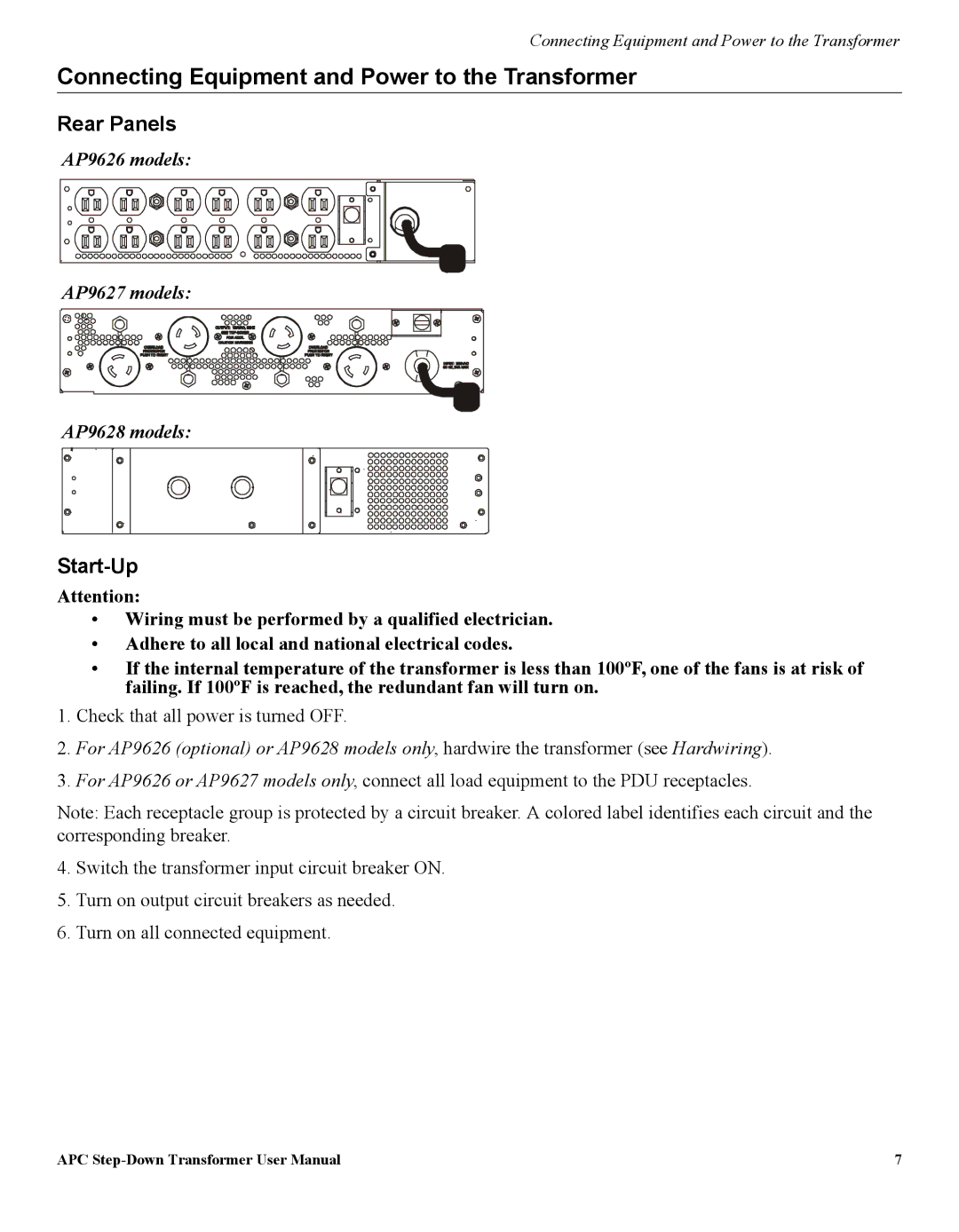 APC AP9628, AP9626, AP9627 user manual Connecting Equipment and Power to the Transformer, Rear Panels, Start-Up 