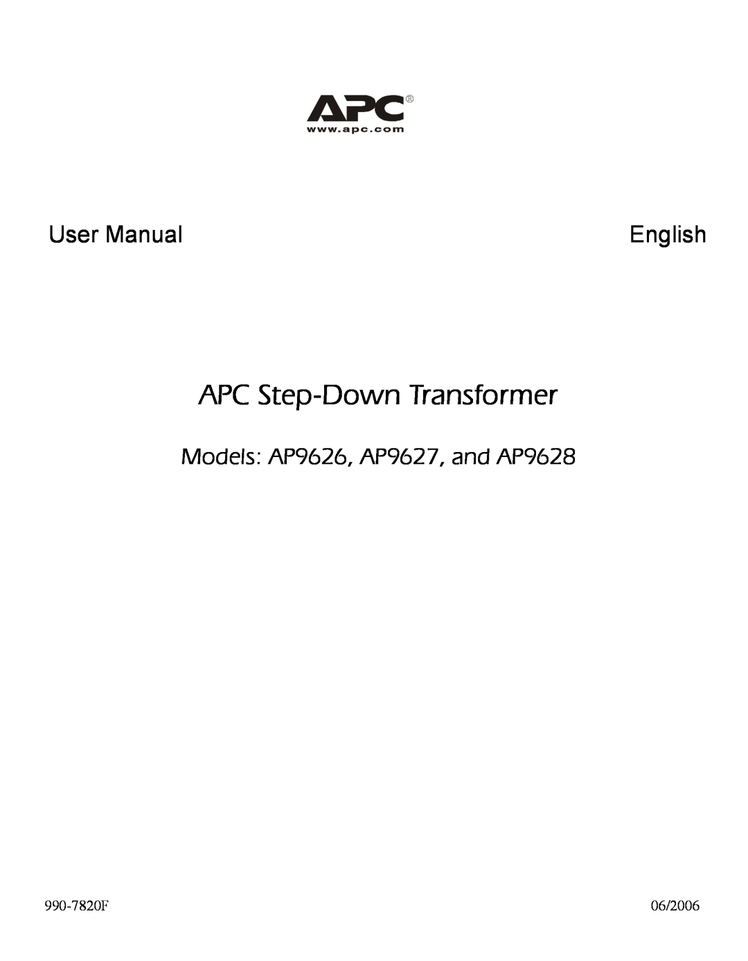 APC user manual APC Step-Down Transformer, English, Models AP9626, AP9627, and AP9628 