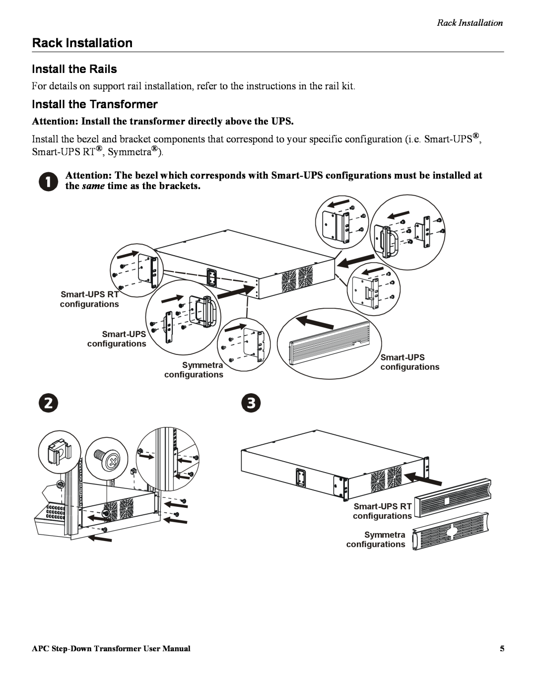 APC AP9627, AP9626, AP9628 user manual Rack Installation, Install the Rails, Install the Transformer 