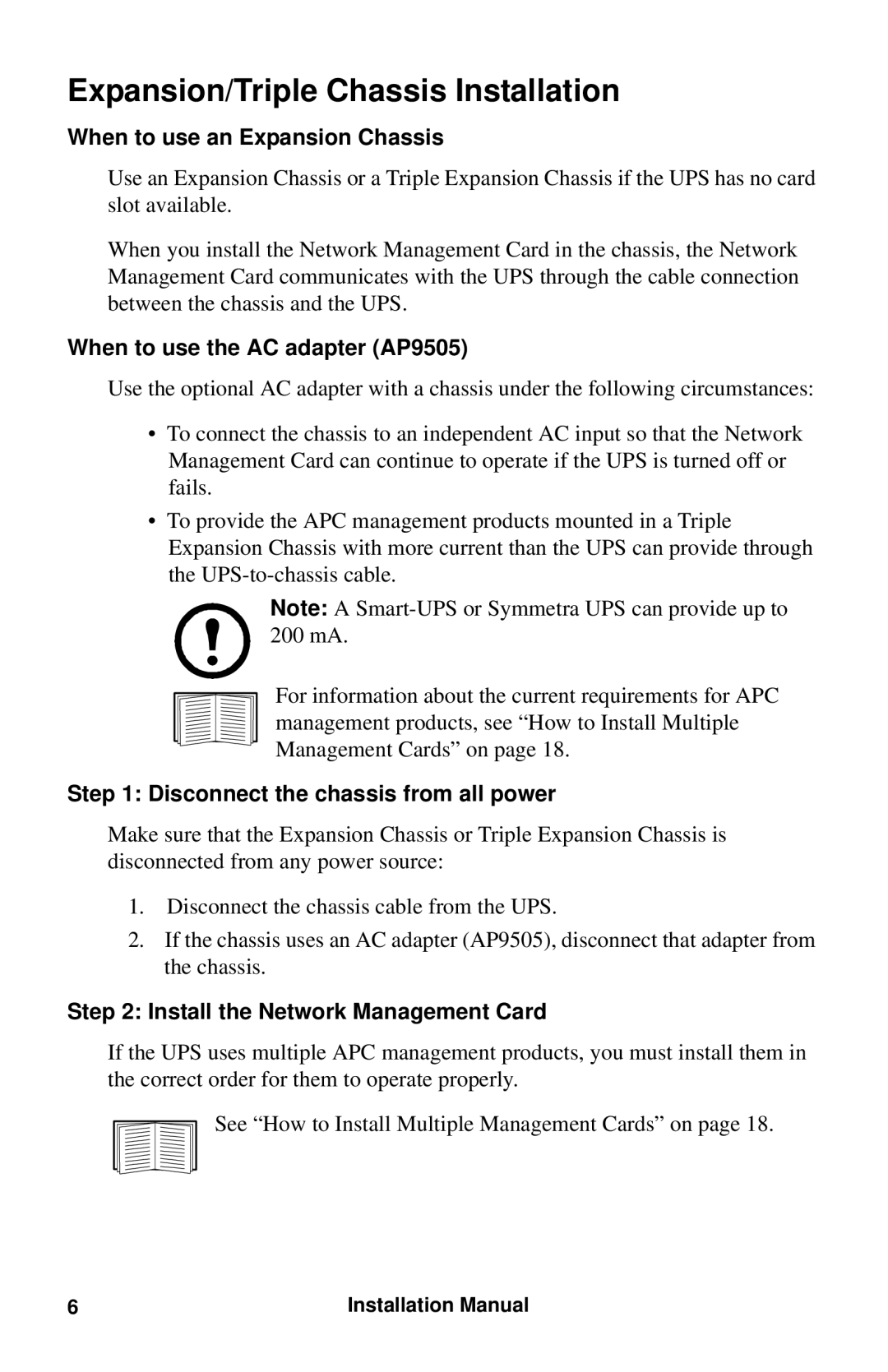 APC AP9630 Expansion/Triple Chassis Installation, When to use an Expansion Chassis, When to use the AC adapter AP9505 