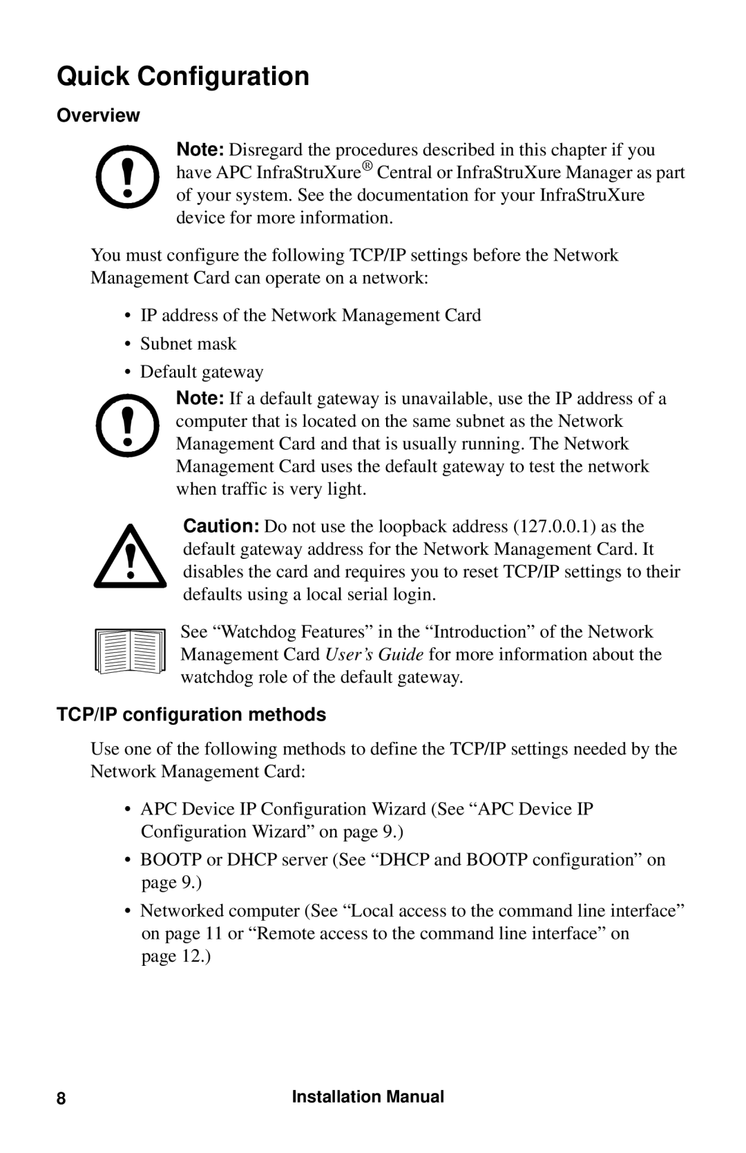 APC AP9630 installation manual Quick Configuration, Overview, TCP/IP configuration methods 