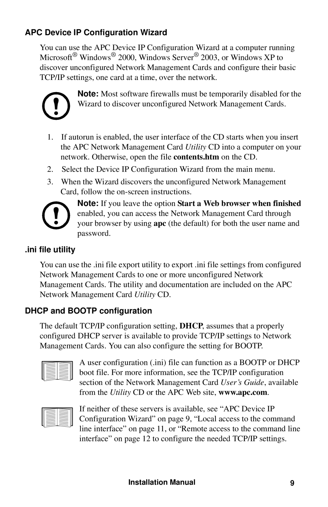 APC AP9630 installation manual APC Device IP Configuration Wizard, Ini file utility, Dhcp and Bootp configuration 