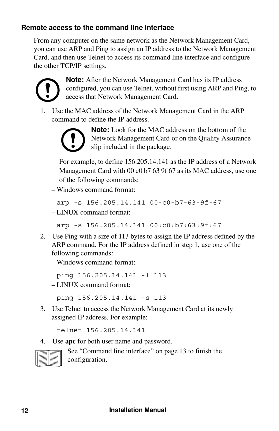 APC AP9630 installation manual Remote access to the command line interface 