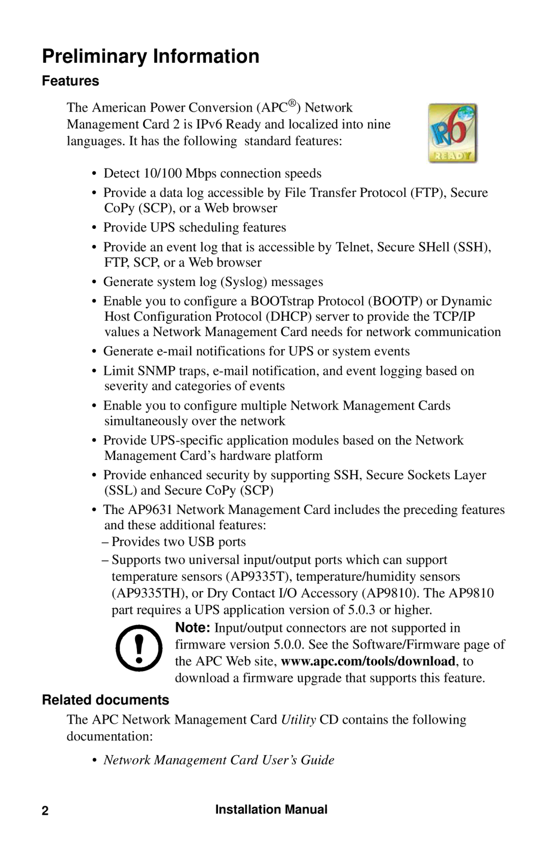 APC AP9630 installation manual Preliminary Information, Features, Related documents 