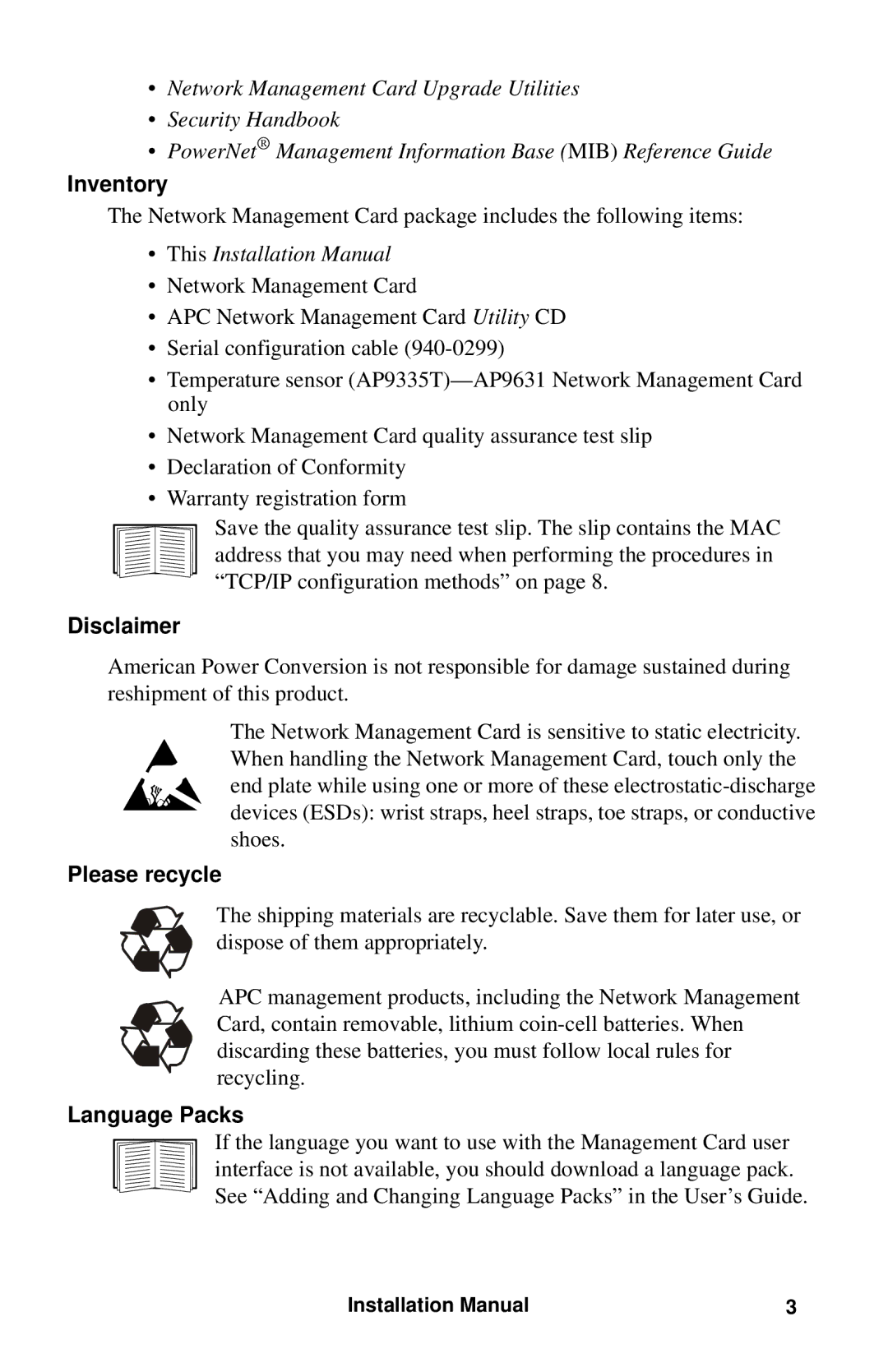 APC AP9630 installation manual Inventory, Disclaimer, Please recycle, Language Packs 