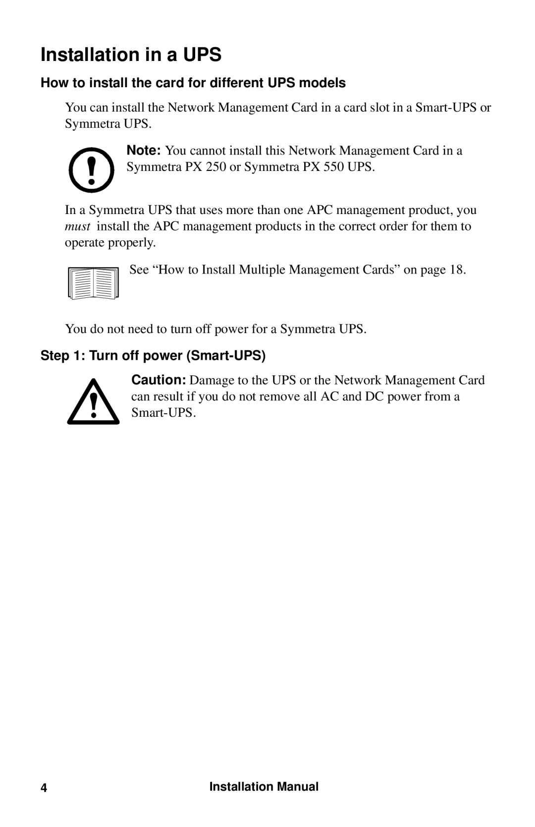 APC AP9630 Installation in a UPS, How to install the card for different UPS models, Turn off power Smart-UPS 