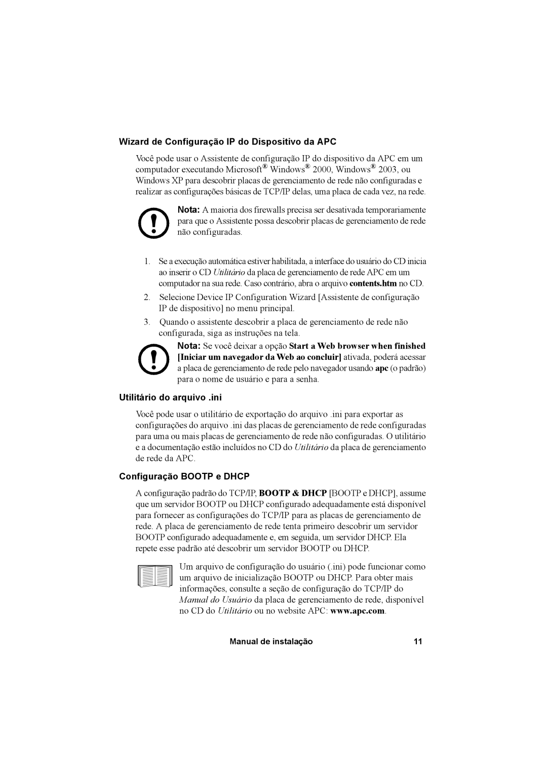 APC AP9630, AP9631 Wizard de Configuração IP do Dispositivo da APC, Utilitário do arquivo .ini, Configuração Bootp e Dhcp 