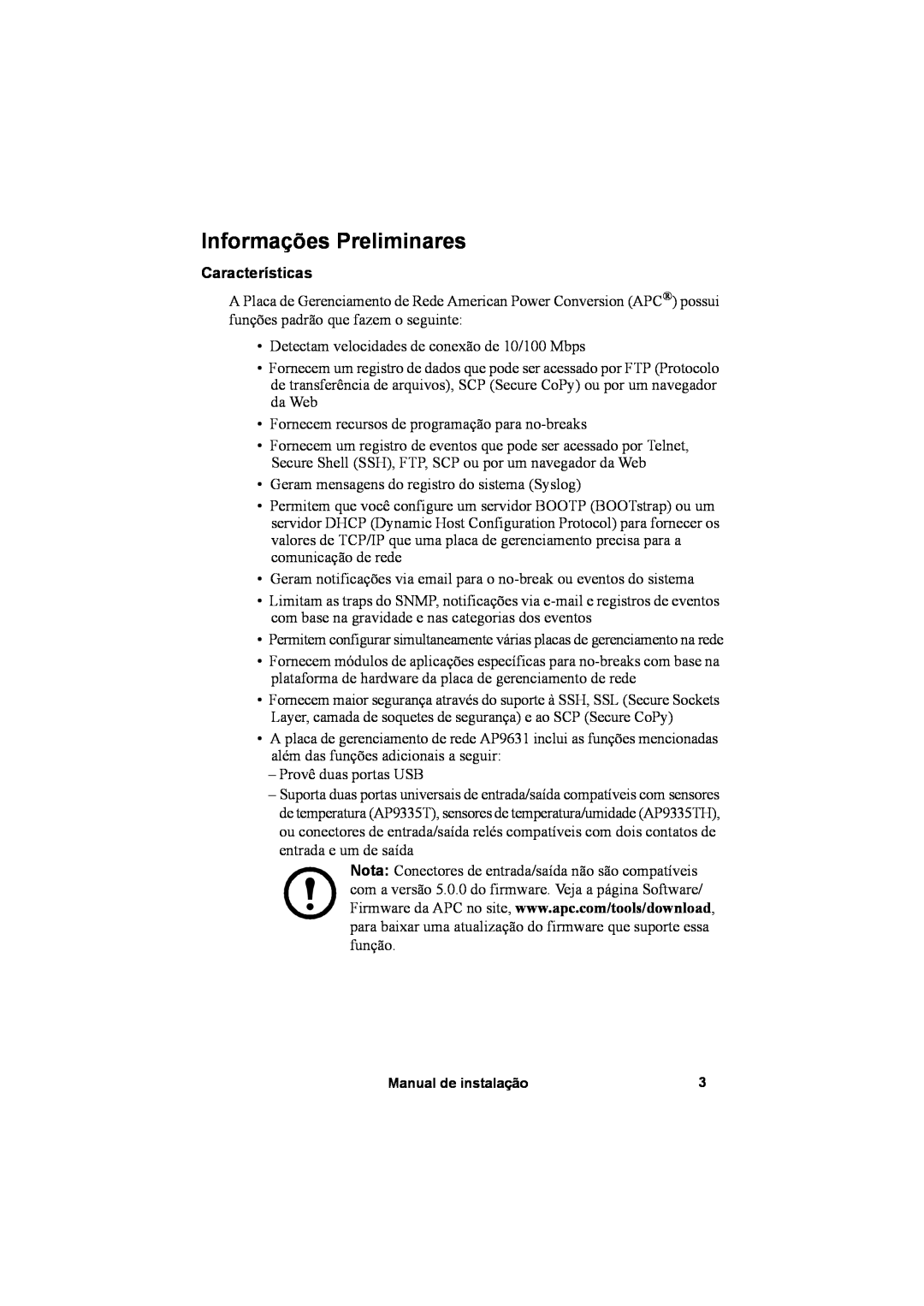 APC AP9630, AP9631 manual Informações Preliminares, Características 