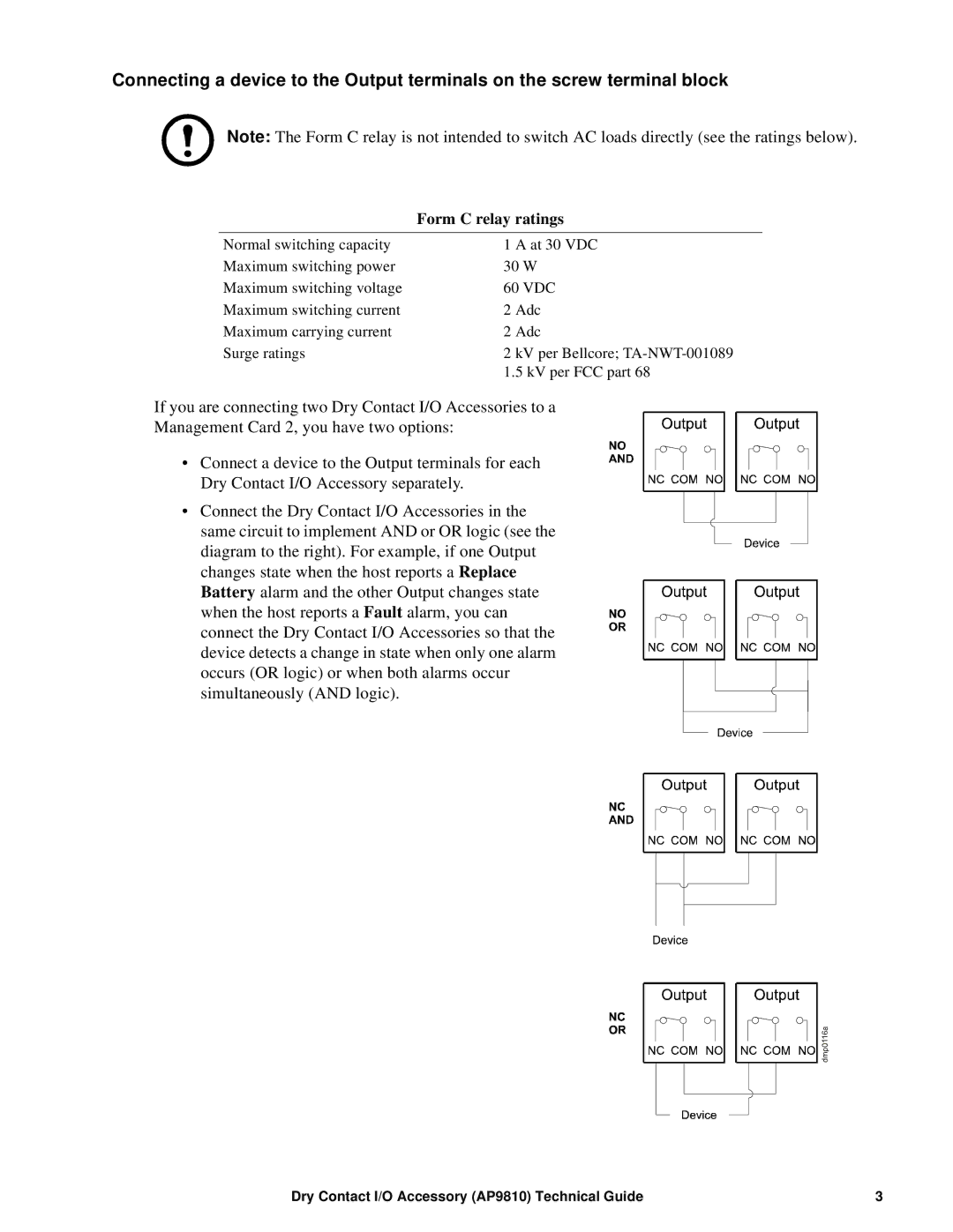 APC AP9810 manual Form C relay ratings 