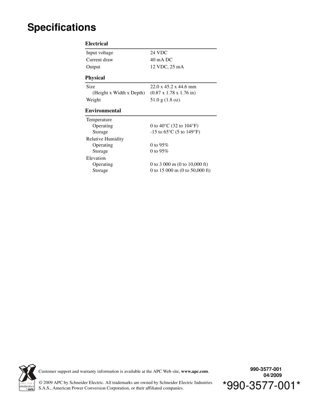 APC AP9810 manual Specifications, Electrical, Physical, Environmental 