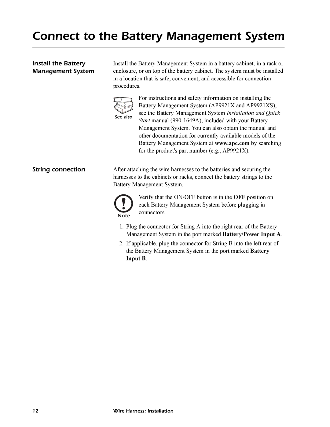 APC AP9927, AP9926, AP9924 manual Connect to the Battery Management System, Install the Battery, String connection 