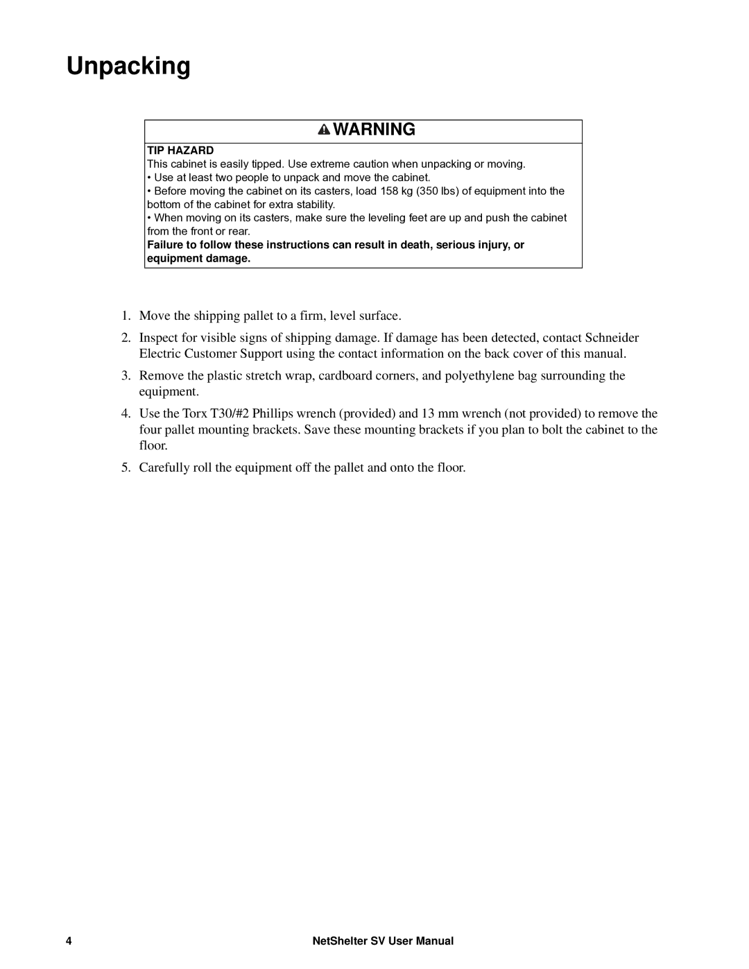 APC AR2400 user manual Unpacking, TIP Hazard 