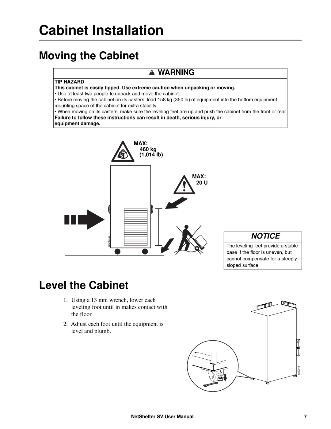 APC AR2400 user manual Cabinet Installation, Moving the Cabinet, Level the Cabinet 