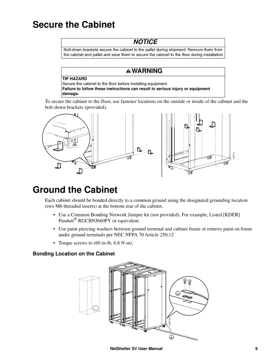 APC AR2400 user manual Secure the Cabinet, Ground the Cabinet, Bonding Location on the Cabinet 