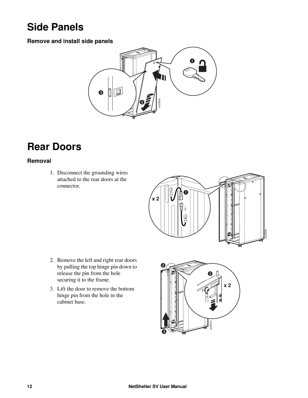 APC AR2400 user manual Side Panels, Rear Doors, Remove and install side panels, Removal 