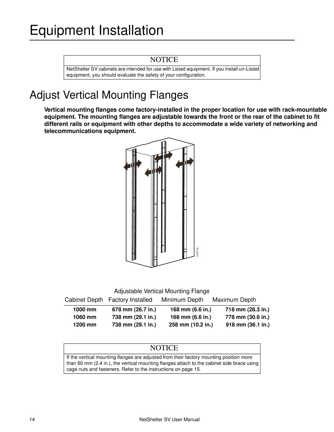 APC AR2400 user manual Equipment Installation, Adjust Vertical Mounting Flanges 