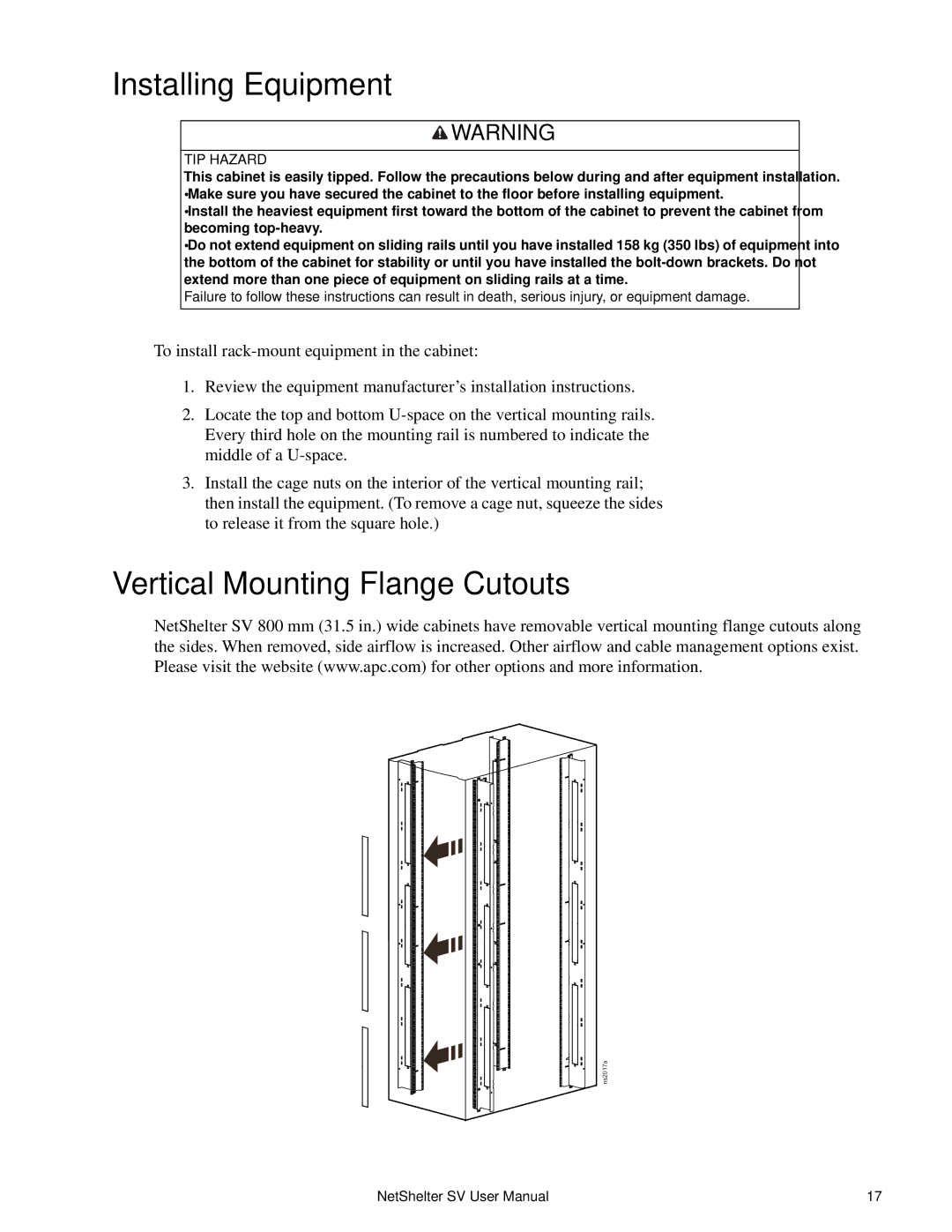 APC AR2400 user manual Installing Equipment, Vertical Mounting Flange Cutouts 