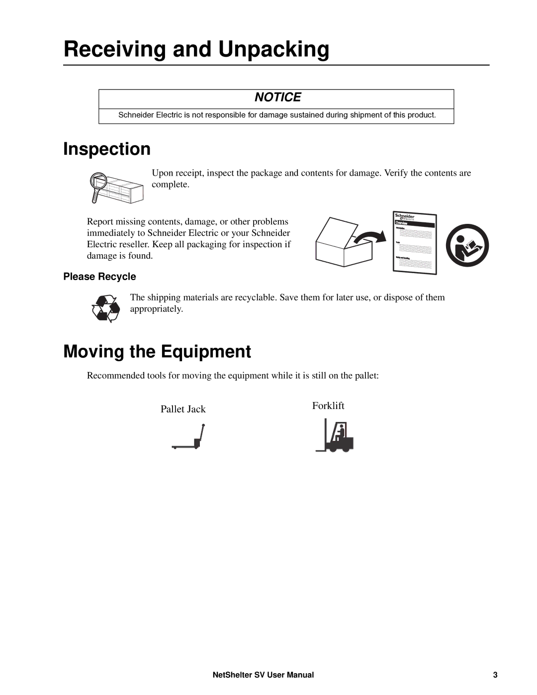 APC AR2400 user manual Receiving and Unpacking, Inspection, Moving the Equipment, Please Recycle 